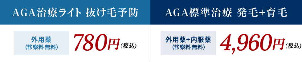 AGA治療ライト 抜け毛予防 外用薬(診察料無料) 780円(税込) AGA標準治療 発毛+育毛 外用薬+内服薬(診察料無料) 4,960円(税込)